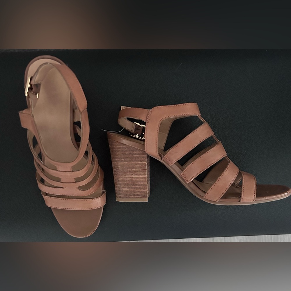 Tan Block Heel Strappy Sandals